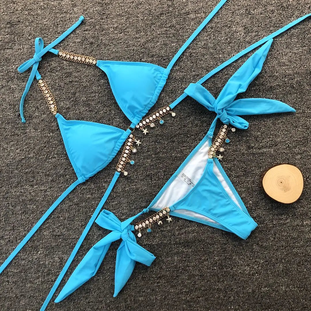 Rhinestone Bikini 2022 Women Solid Black Crystal Diamond Swimsuit Lady Luxury Metal Chain Bandage Bathing Suit Thong Swimwear