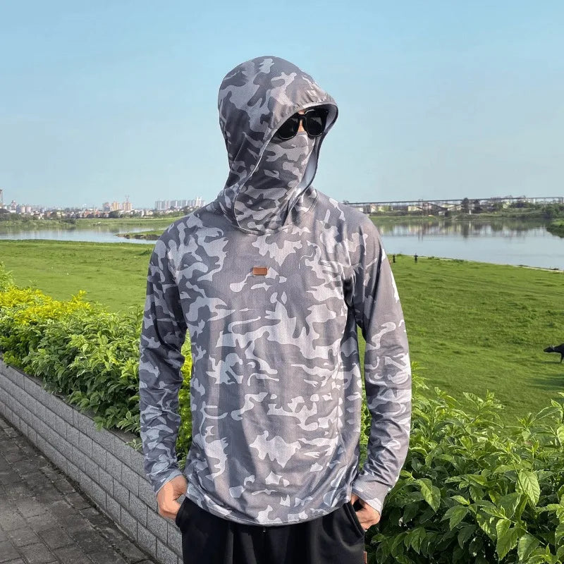 Sun Protection T-Shirts Men Fishing Hooded Outdoor Lightweight Mask Pullover Quick Drying Breathable Anti-UV Cool Sunscreen Tee
