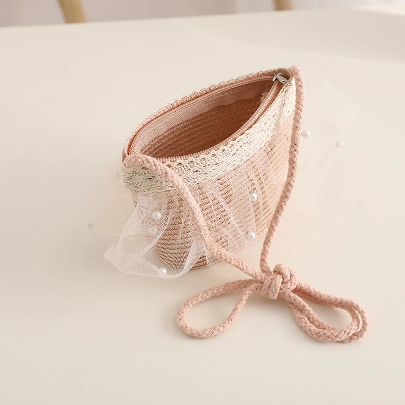 Kids Girls Wide Brim Straw Woven Cap Sun Protection Beach Hat Lace Pearl Summer Floppy Bucket Cap Portable Handbag панама