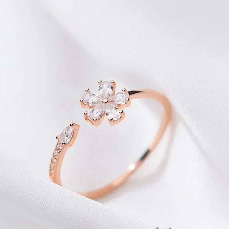 Vintage Rose Flower Rings For Women Korean Style Adjustable  Sakura Princess Finger Ring Bride Wedding Engagement Party Jewelry