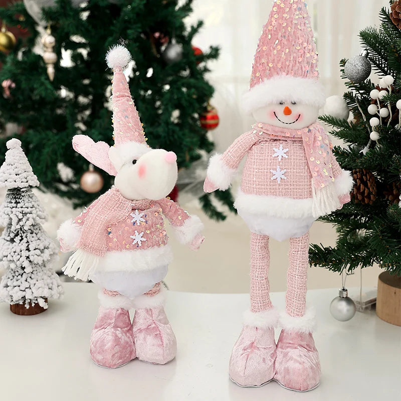 1pc Christmas pink doll, pink doll with sequined telescopic legs, family holiday decoration, table ornament, Christmas gift