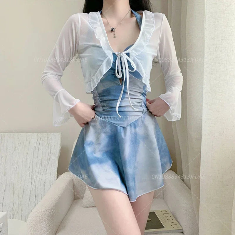 New Tenderness Sweet Cute Blue Halter Bikinis Swimsuit Aesthetics Fashions Slim Onsen Conservative Swimwear Bikinis Set