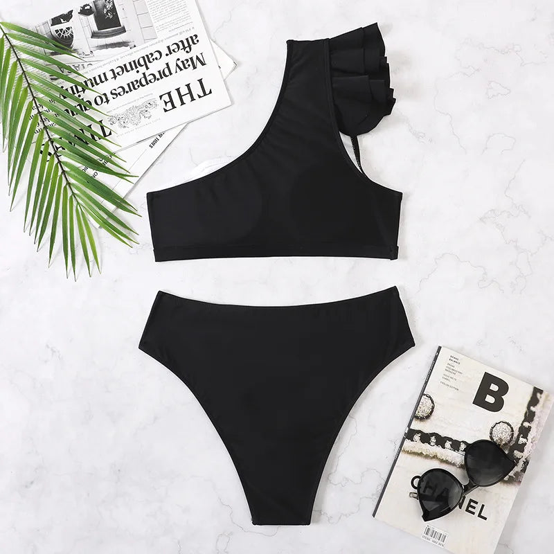 Sexy Bikini 2025 Women High Waist Ruffle Swimsuit Female One Shoulder Swimwear Bathers Bathing Swimming Suit Summer Beachwear