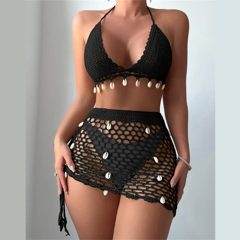 Women's 2 Piece Crochet Swimsuit Halter Bikinis Top and Cover Up Beach Skirt Set