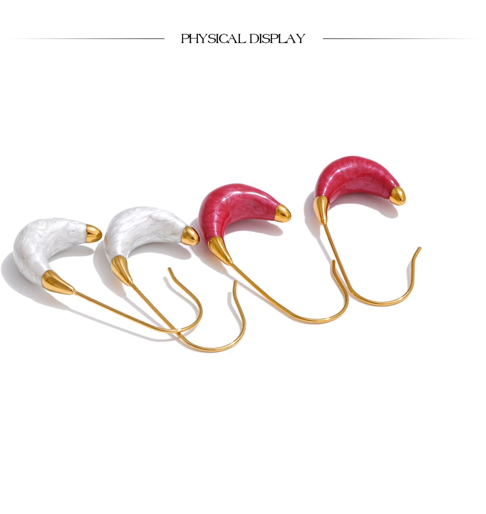 Yhpup New Popular Red White Enamel Metal U Shape Geometric Hoop Earrings for Women Stainless Steel Exquisite Daily Jewelry Gift