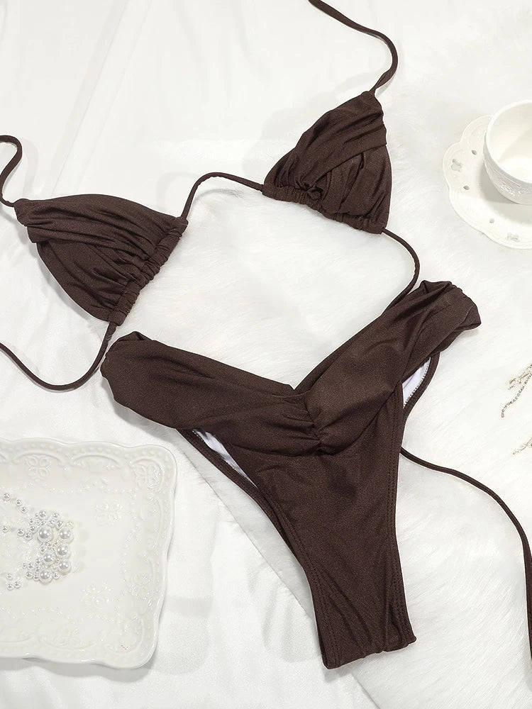 Sexy Bikinis Solid Swimsuit Bandage Bikini Set Women's Two Piece Suit 2025 Bathsuit For Female Summer Swimwear