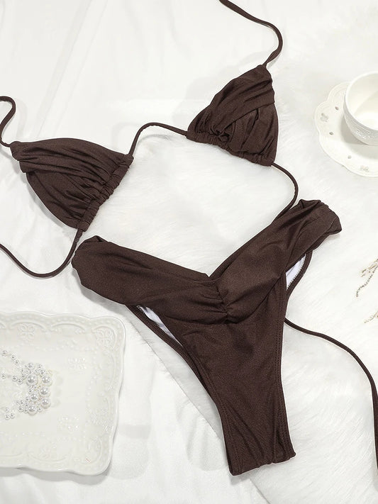 Sexy Bikinis Solid Swimsuit Bandage Bikini Set Women's Two Piece Suit 2025 Bathsuit For Female Summer Swimwear