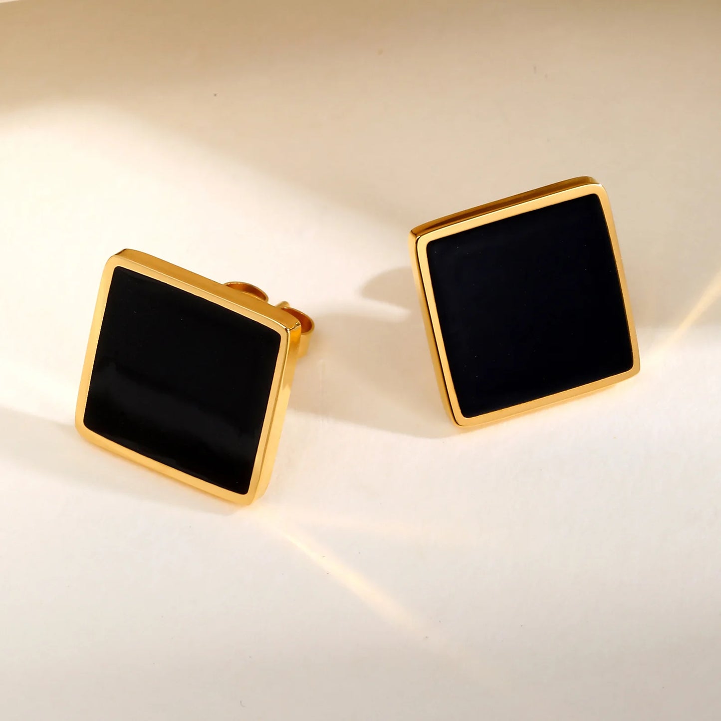 Stainless Steel Square Stud Earrings for Women,Water Proof Black Oil Earrings Gold Color,Fashion Jewelry Lady Gift