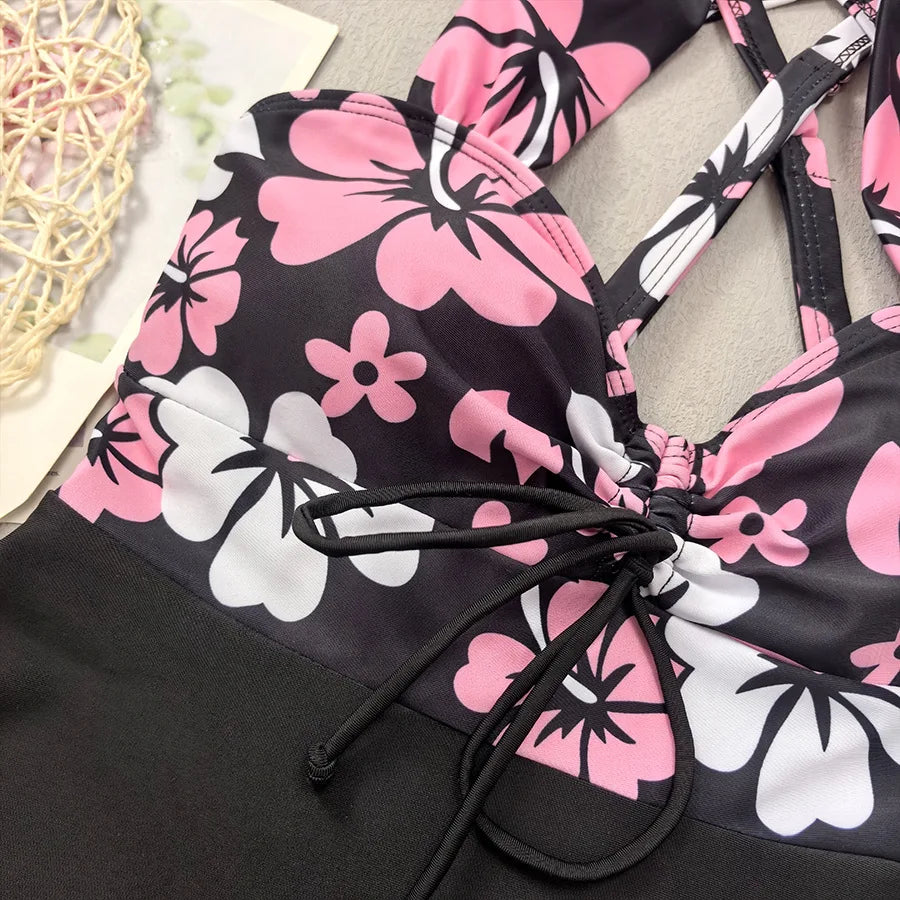 Black Flower Print Tankini Swimwear Woman Bikinis Sets 2025 Sexy Halter Swimsuit Bottoms Beach Wear Bathing Suit Bikini Donna