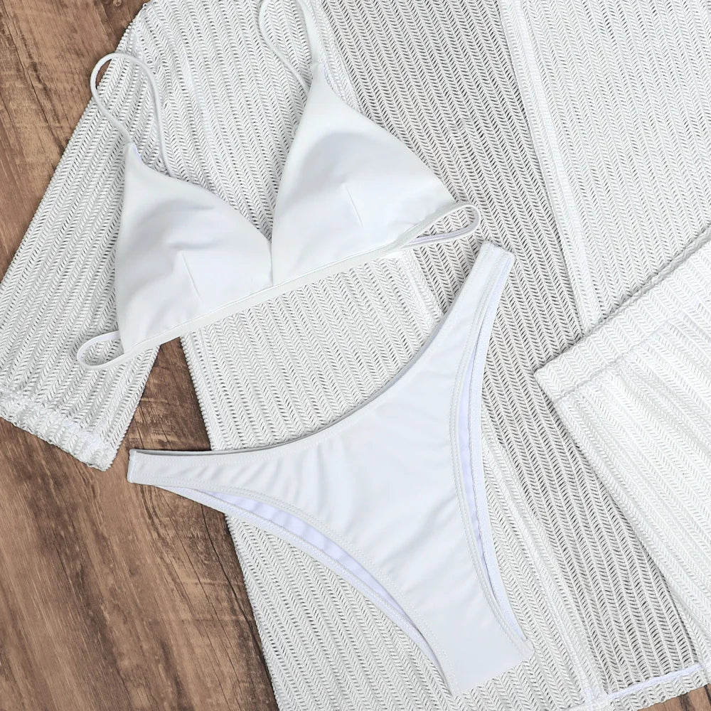 Summer 4 Piece Bikinis Sets Women Black White Mesh Half Sleeve Cover Up with High Waist Panties Swimsuit Bathing Suit Swimwear