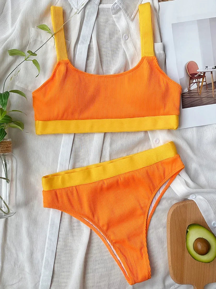 Sexy Splicing Ribbed Bikinis High Waist Bikini 2025 Female Swimsuit Women Swimwear Two-pieces Bikini Set Bathing Suit Swim Lady
