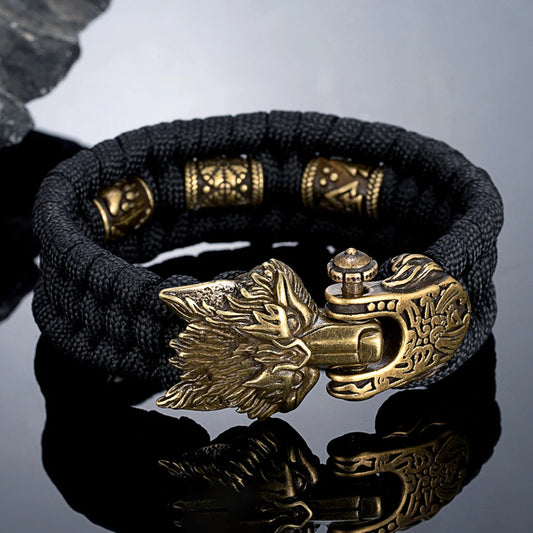 Viking Ancient Bronze Wolf Head Bracelet for Men Punk Stainless Steel Bangle Handmade Woven Rope Wristband Vintage Jewelry Gifts