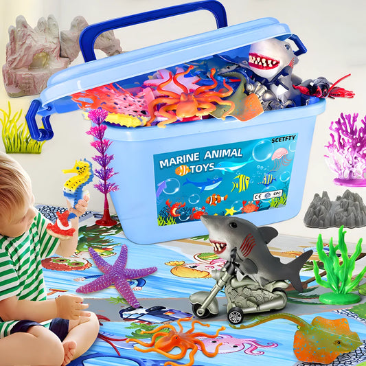Solid core plastic Marine animal Submarine biological model starfish shark model storage box set Educational toys Christmas gift