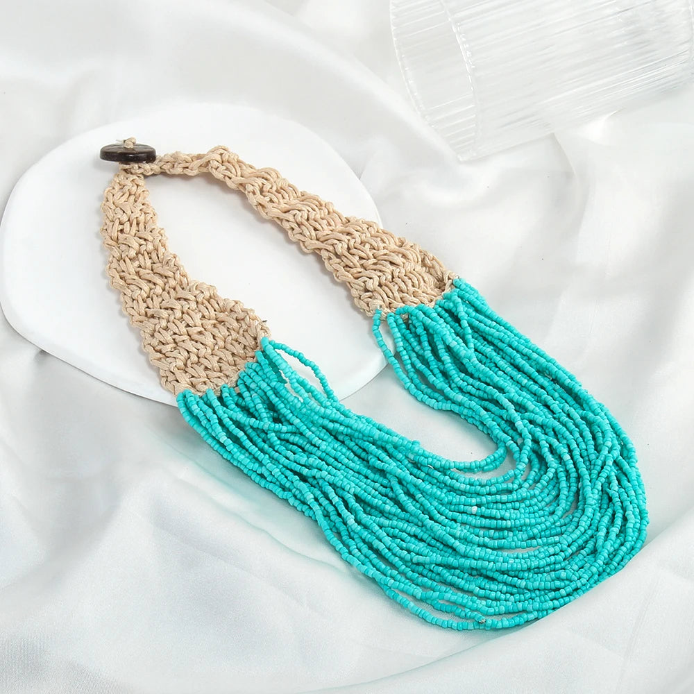 Western fashion retro Bohemian ethnic style exaggerated women's necklaces multiple layers hand woven rice bead wax rope necklace