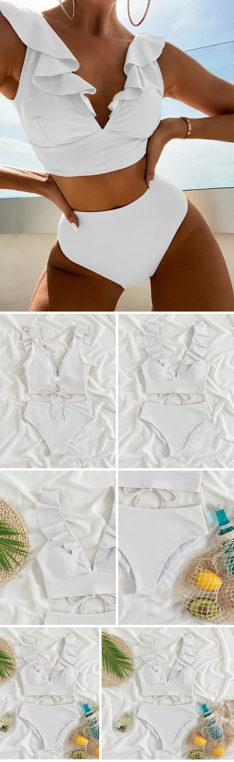 Solid Color Sexy V-neck Ruffle Bikini 2024 Women 2 Piece Swimwear Push Up Padded High Waist Swimsuit Summer Beach Bathing Suit