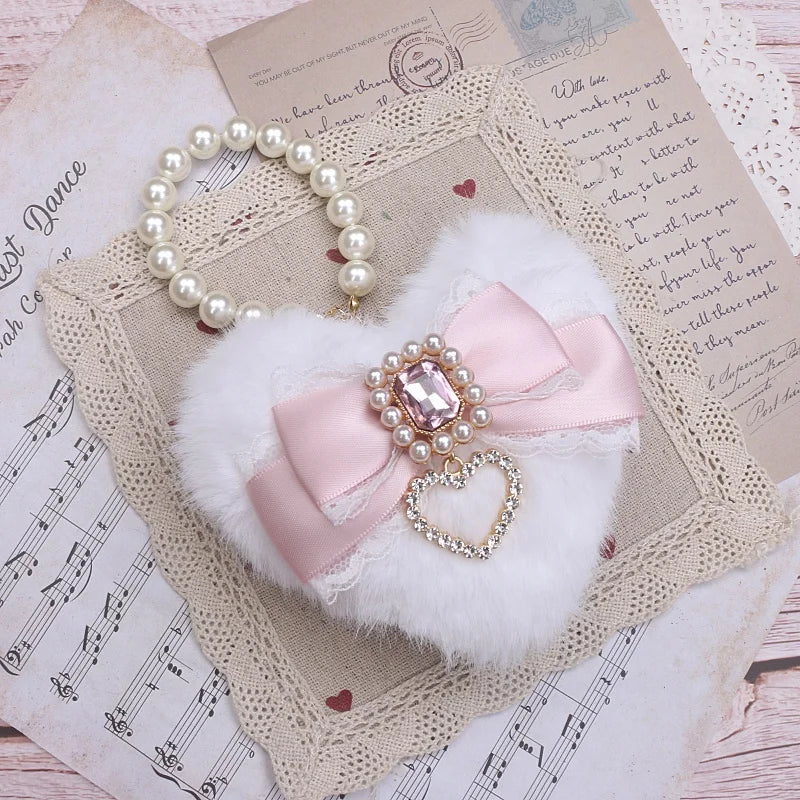 Romantic Bag Ornament Plush Heart Pearls  Keychain Bag Decor Keyring Sweet Ita Bag Pendant Handmade Bow Accessories Keychain