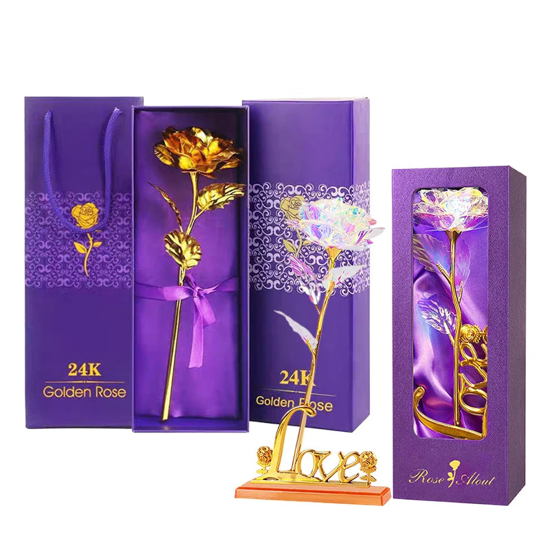 Artificial Rose Flowers 24K Foil Plated Rose Valentines Day Christmas Gift for Wife Mother Lasting Forever Love Golden Flower