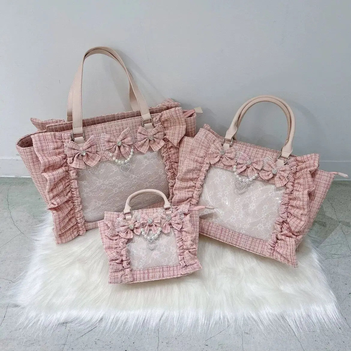Japanese Style Mine Ita Bag Ruffled Lace Women Girls Rhienstone Pearl Bowknot Square Tote Shoulder Portable Bolso Handbags