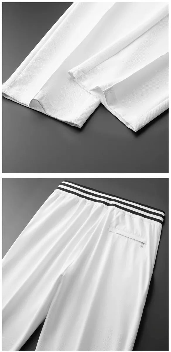 High end fashionable embroidered striped casual men's pants for the summer of 2024 new waffle ice silk comfortable sports pants