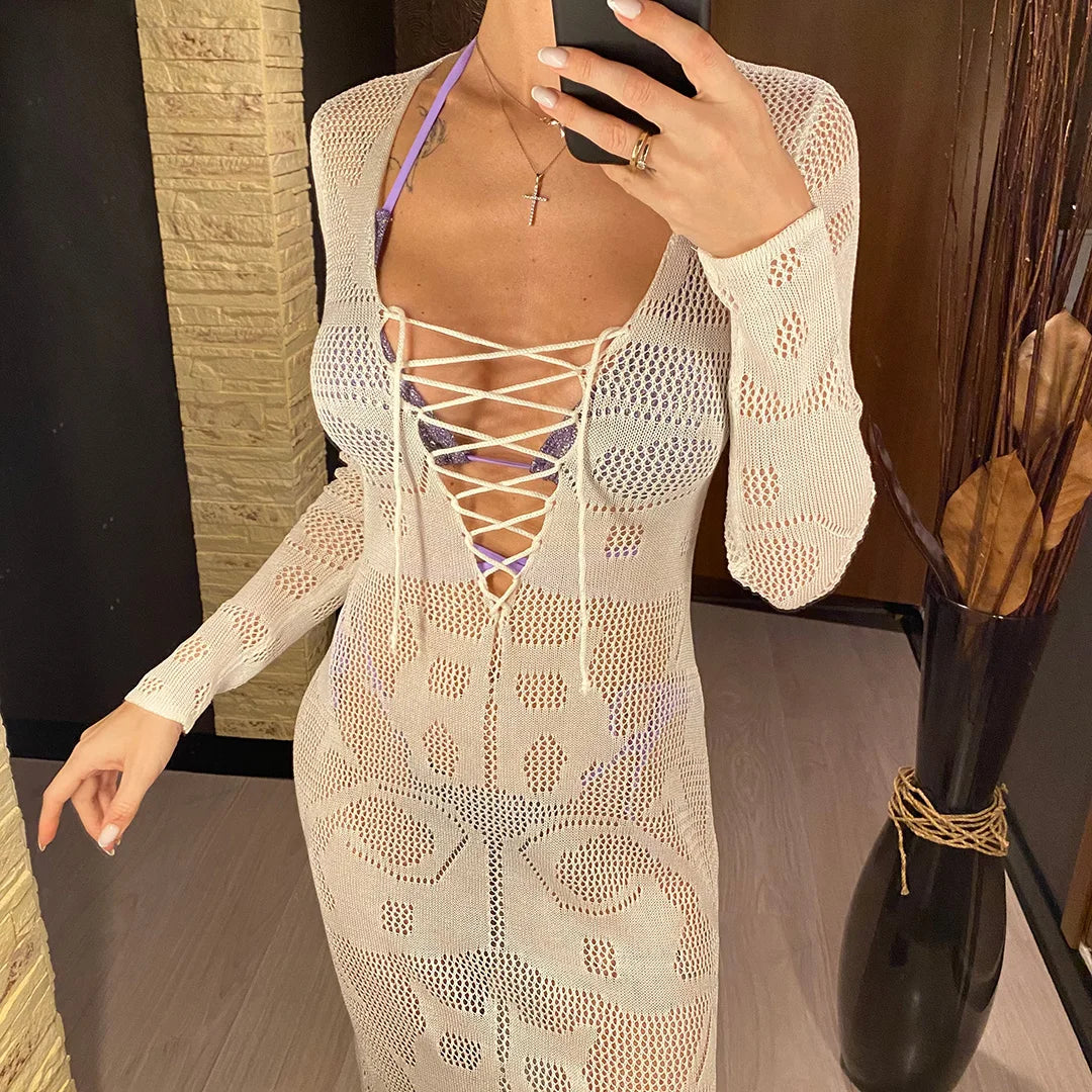 Deep V Dress Lace Up Long Sleeve Women Split Maxi Dress Crochet Knitted Tunic Mesh Sheer Sexy Bodycon Long Dress Vestido V4146B