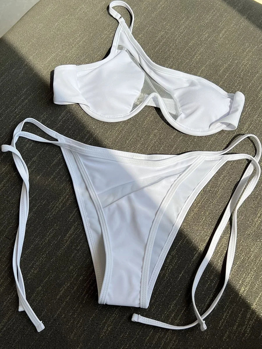 Splicing Mesh One Shoulder Underwire V-bar Bikini Women Swimsuit Female Swimwear Two pieces Bikini set Push Up Bathing suit Swim