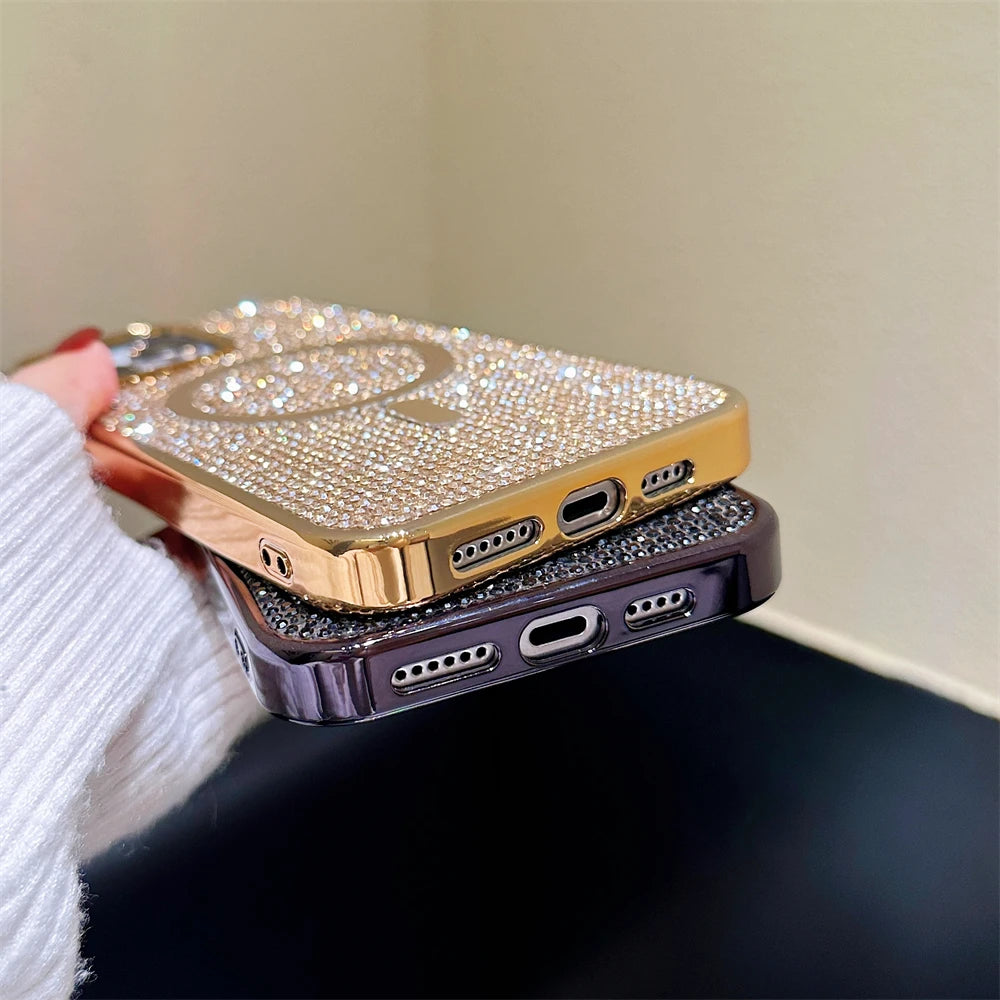 Original For Magsafe Diamond Pattern Phone Case For iPhone 17 16 15 14 12 13 11 Pro Max Plus Magnetic Bling Shiny Solid Cover