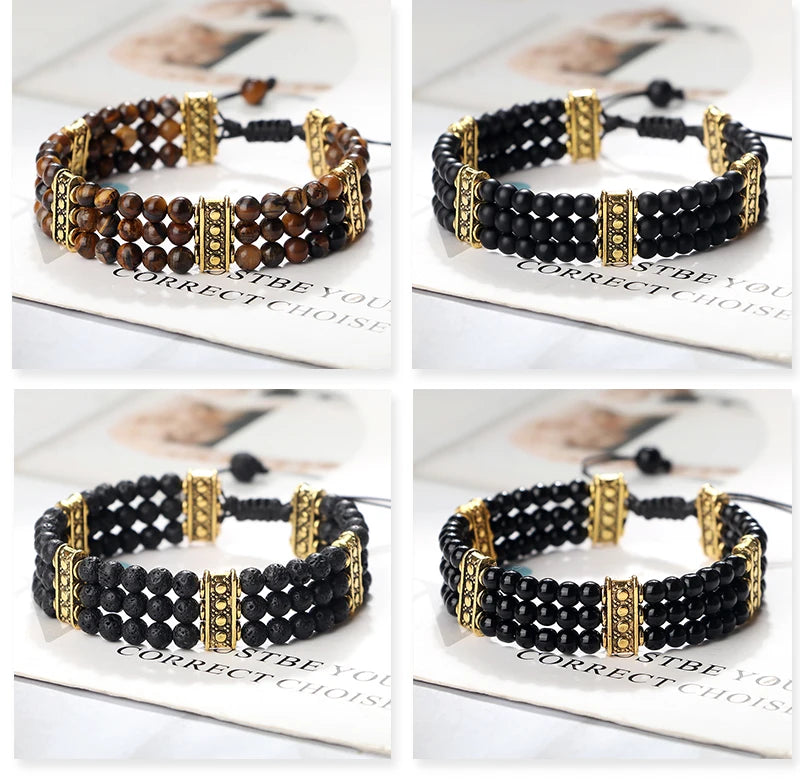 Natural Stone Beads Bracelet 4mm Malachite Black Lava Yoga Energy Hot Couple For Women Men Jewelry Braided Rope Knot Bangle Gift