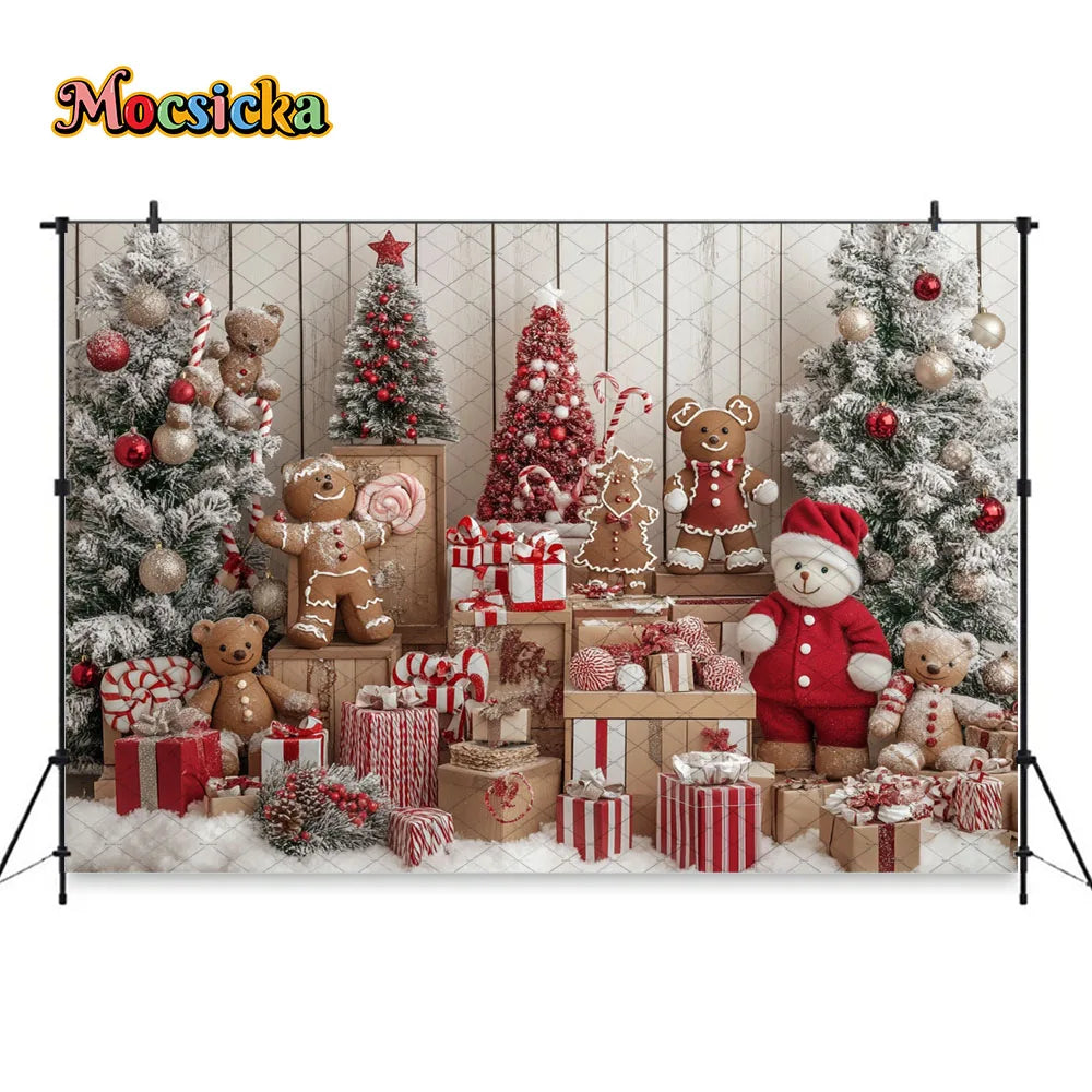 Mocsicka Christmas Gift Room Background for Winter Kid Photography Xmas Tree Gingerbread Man Snowy Backdrop Decor Photo Studio