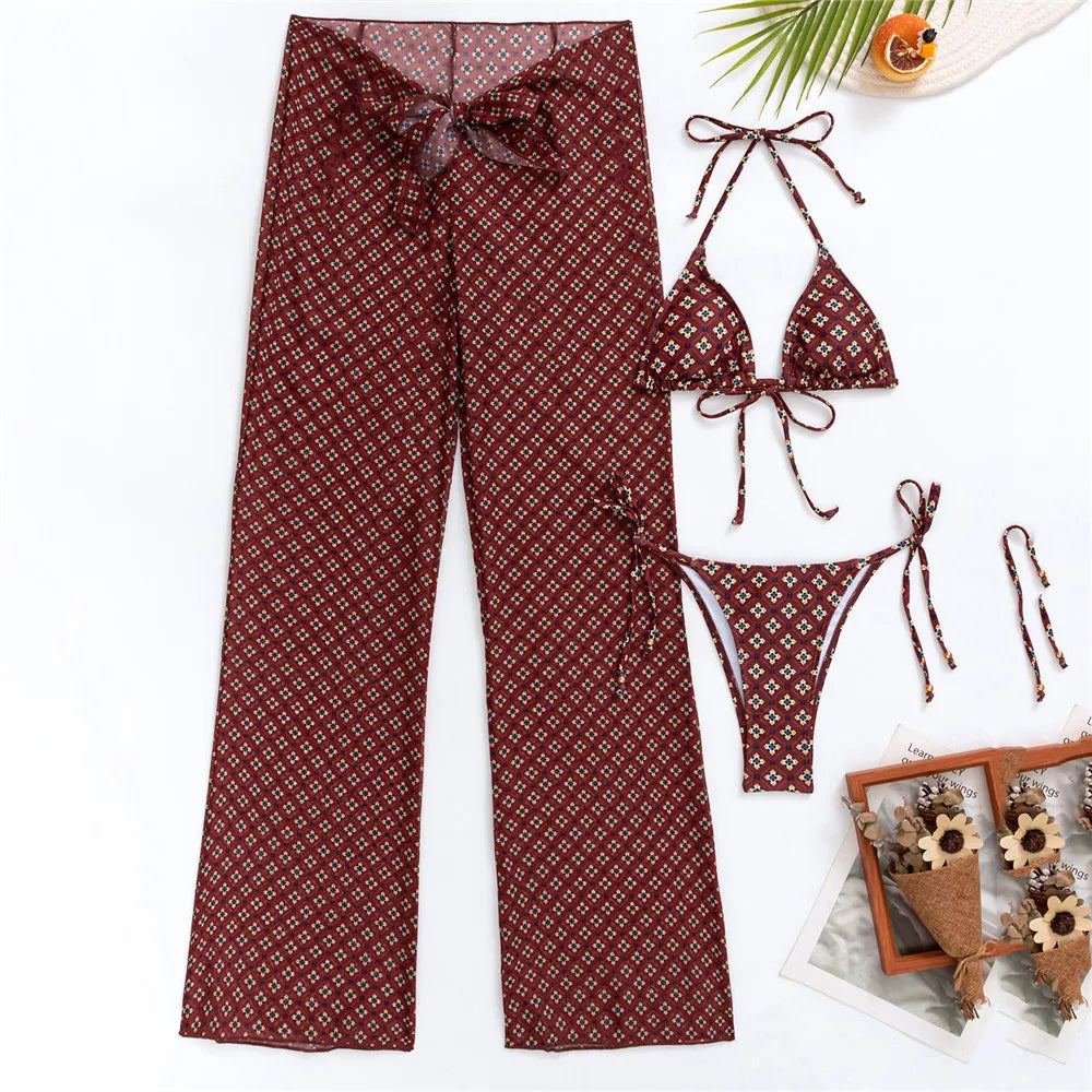 Sexy Floral Print Swimwear 3 Piece Bikini Set with Trousers Swimsuits Women 2025 Micro Thong Bikinis De Mujer Beach Wear Bather