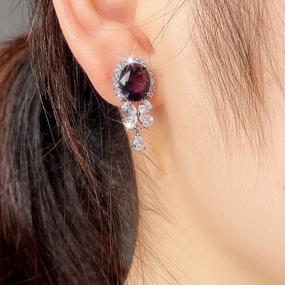 Huitan Gorgeous Purple Cubic Zirconia Dangle Earrings for Women Exquisite Birthday Gift Fashion Accessory Wedding Party Jewelry