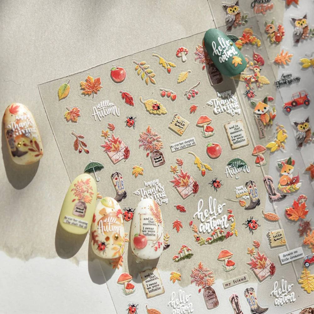 Classic Red Maple Leaves Golden Ginkgo Autumn Harvest 5D Nail Art Sticker Cute Pumpkins Ladybug Mushrooms Adhesive Manicure Deca