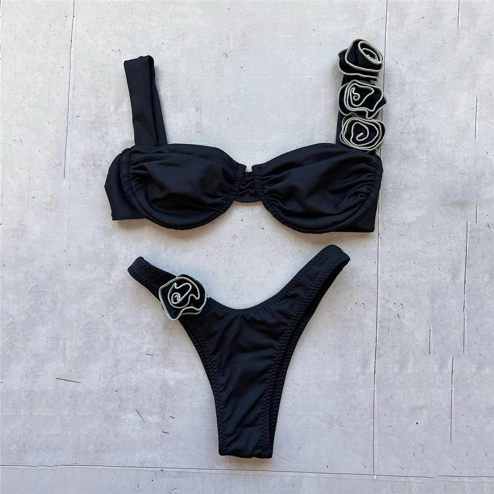 Sexy 3D Flower Rose Red Push Up Bikinis Sets Woman Swimsuit 2025 High Leg Cut Swimwear Underwire Bathing Suit Micro Bikini Mujer