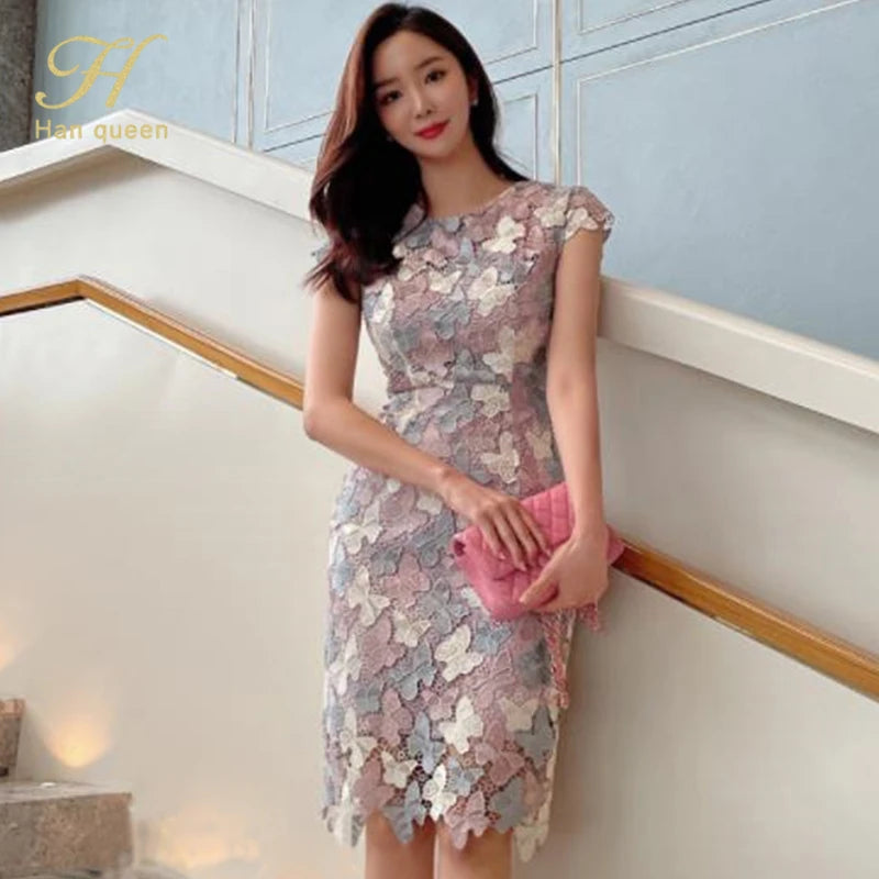 H Han Queen Summer Elegant Chic Lace Dresses Women Korean Retro Vestidos Fashion Color Blocking Office Party Casual Dress