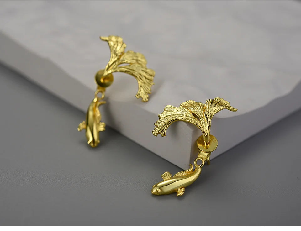 Lotus Fun 18K Gold Unusual Divided Design Fighting Fish Stud Earrings for Women Real 925 Sterling Silver Original Fine Jewelry