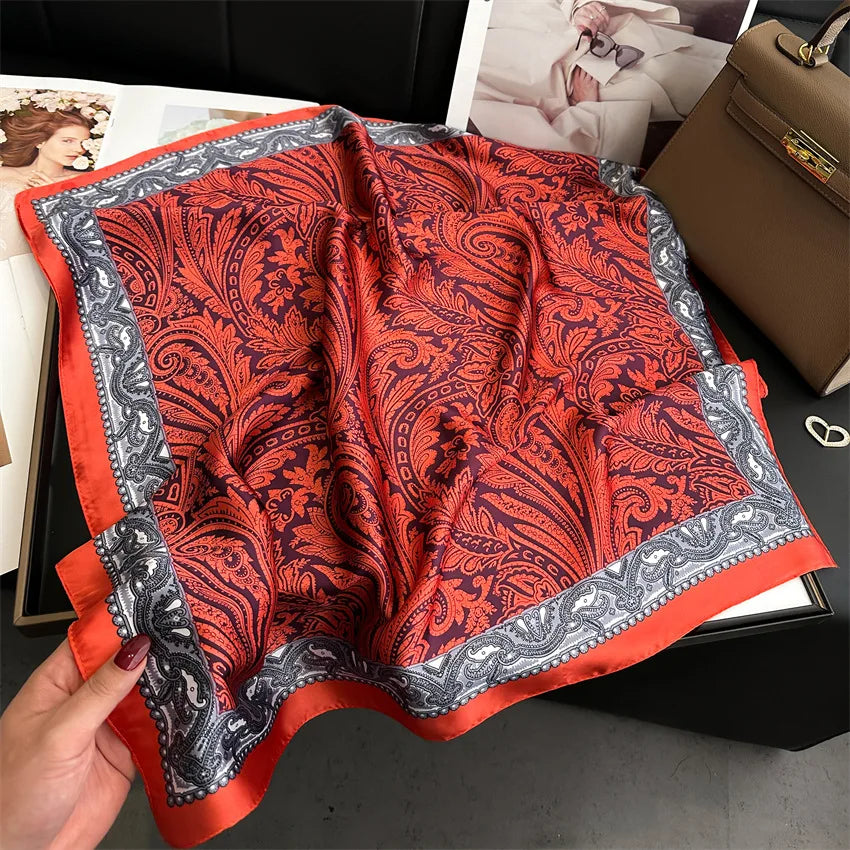 Imitated Silk Headcloth Fashion Flower Print Square Shawls Popular 70X70cm Bandanna Kerchief Sun Protection Silk Scarves Tie Bag