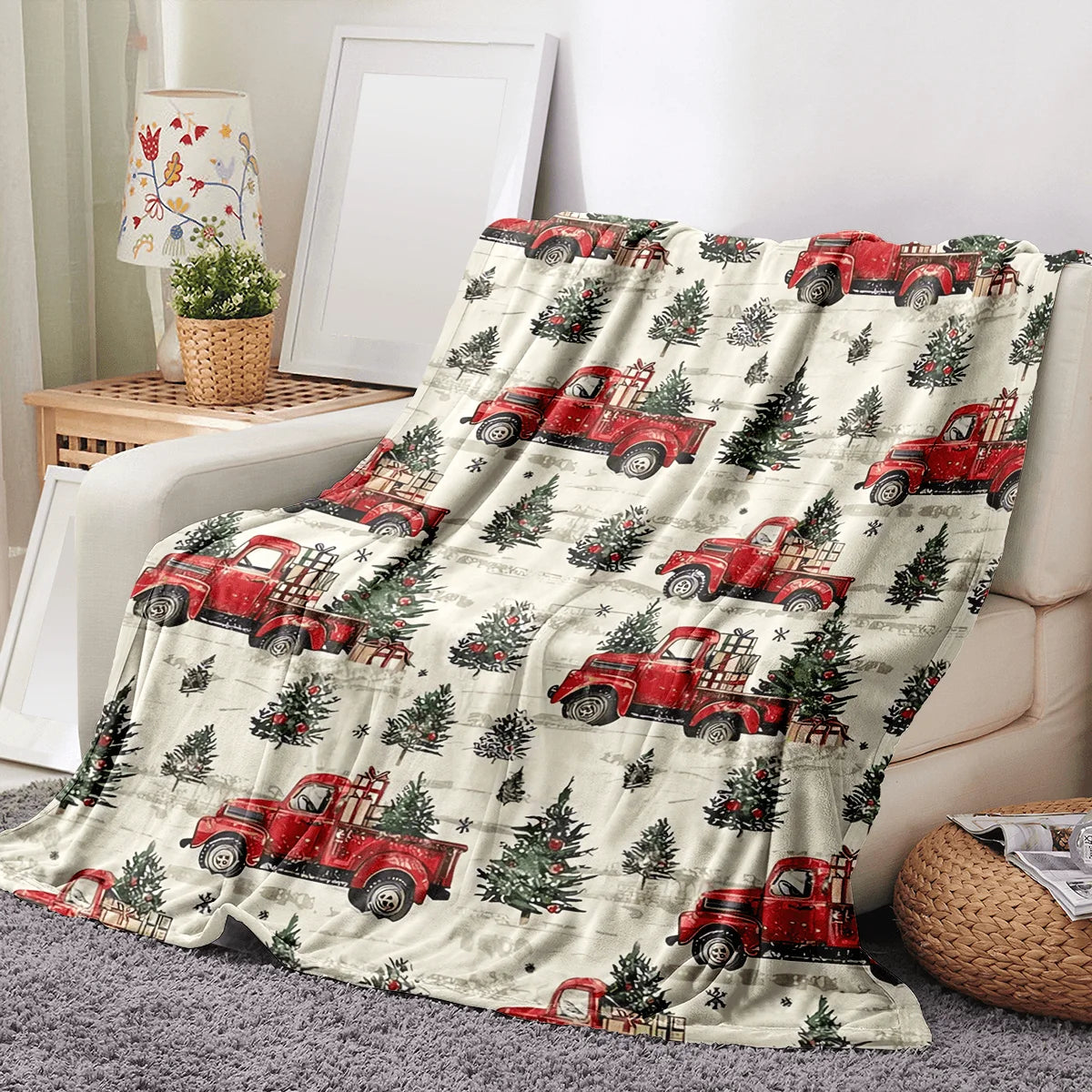 Festive Vintage Red Trucks Christmas Throw Blanket - Classic Trucks & Trees Design, Suitable for Sofa, Bedroom, Christmas Gift