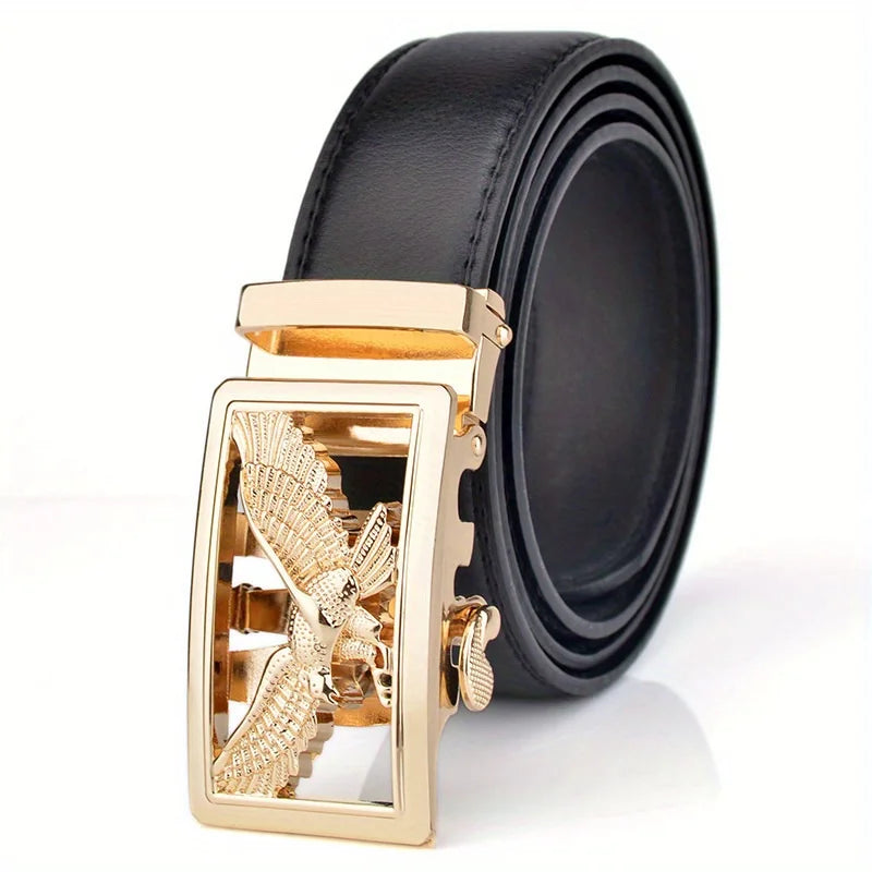 Men's Belt Leather Automatic Buckle Business Casual High-quality Golden Silver Eagle Pattern Leather Belt with Automatic Buckle