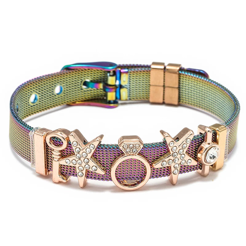 Silver Color Stainless Steel Mesh Bracelets For Women Crystal Santa Claus Beads Charm Watch Belt BraceletsBangles Christmas Gift