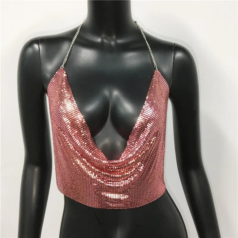 AKYZO Women 2023 Sexy Metal Sequined Tank Camis Summer Gold Silver Backless Cropped Glitter Beach Club Show Wear Tank Tops