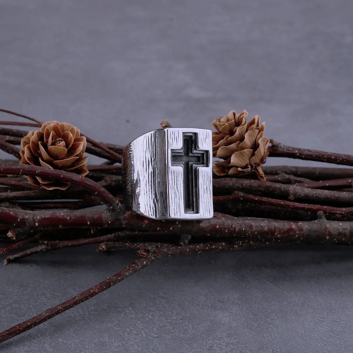 316L Stainless Steel Cross Wide Brim Religious Ring For Men Hip Hop Simple Christian Faith Ring Jewelry Holiday Party Gift