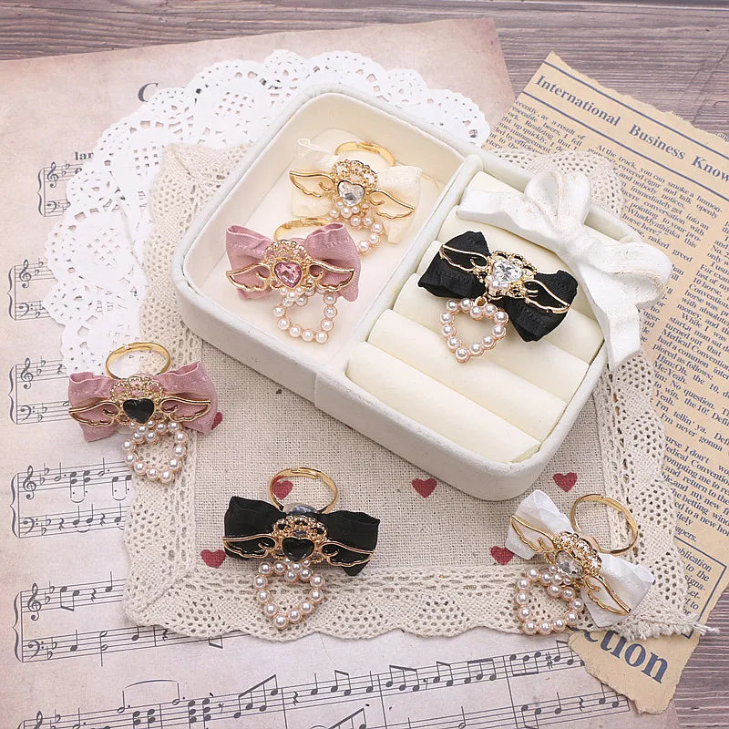 Unique Handmade Women's Rings Lolita Gothic Accessories Sweet Cute Wings Bow with Heart Pendant Jirai Ring for Y2K Girl