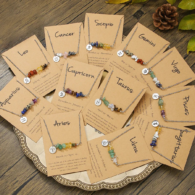 Stainless Steel 12 Zodiac Signs Constellation Charm Natural Crushed Stone Beaded Necklace for Men Women Couples Choker Virgo