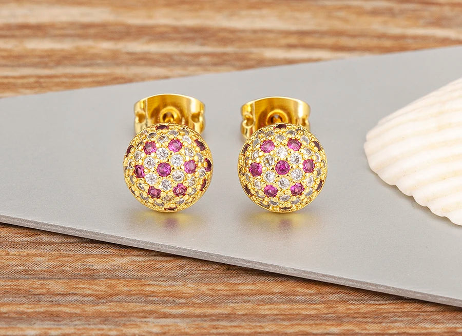 Nidin Korean Fashion Round Shape Pave Colorful Zircon Charm Stud Earrings For Women Birthday Party Ear Jewelry Delicate Gifts