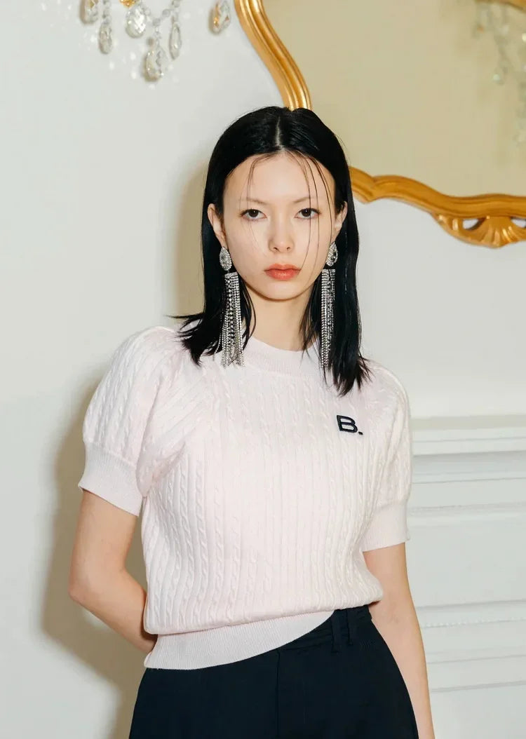 Japanese New Spring Ladies Sweet Bubble Short Sleeve Twist Knitted Top Sweater Letter Embroidered Pure Color Women's T-shirt