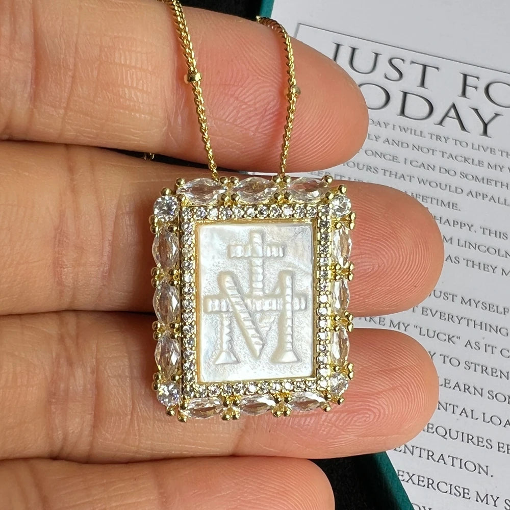 Natural Mother Pearl Shell Virgin Mary Guadalupe San Benito Charm Necklace Rectangle Religious Medals Necklace for Women & Gift
