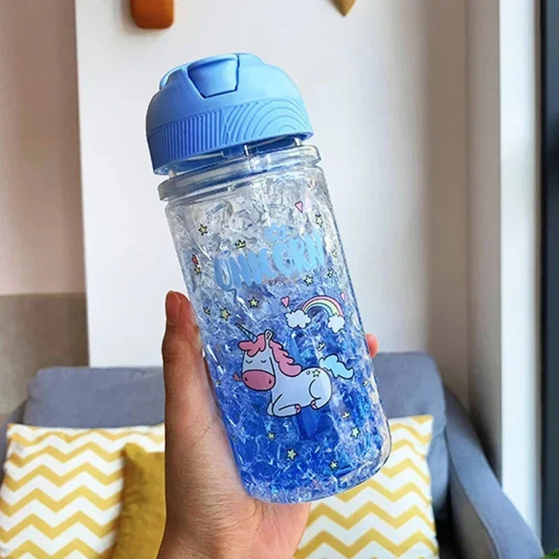 Stylish Double Straw Unicorn Ice Cup Summer Cold Drink Juice Coffee Water bottle Boy's Girl's Portable Plastic Cups Novelty Gift