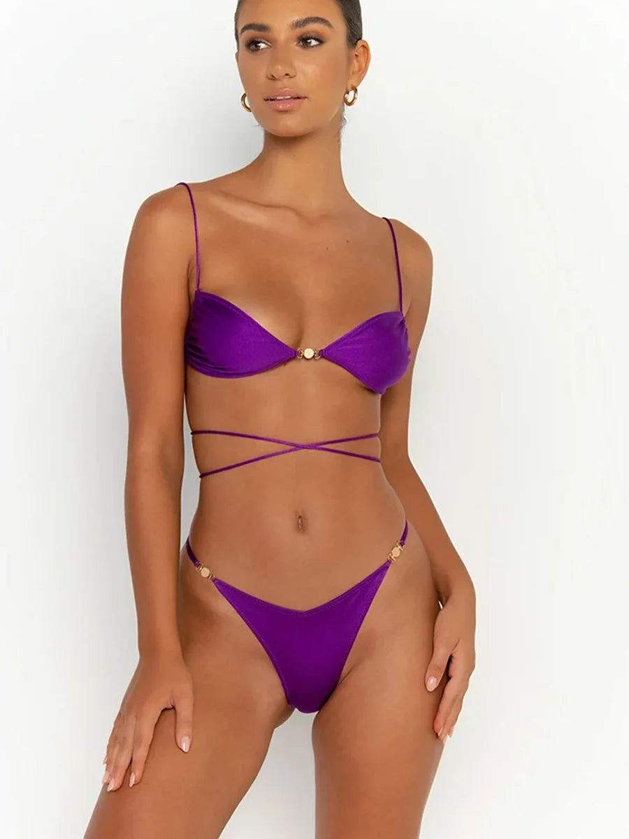 Bandage Bikinis Solid Micro Swimwear Women 2025 Sexy String Swimwear Brazilian Bikini Set Thong Biquini Swim Suits Beachwear