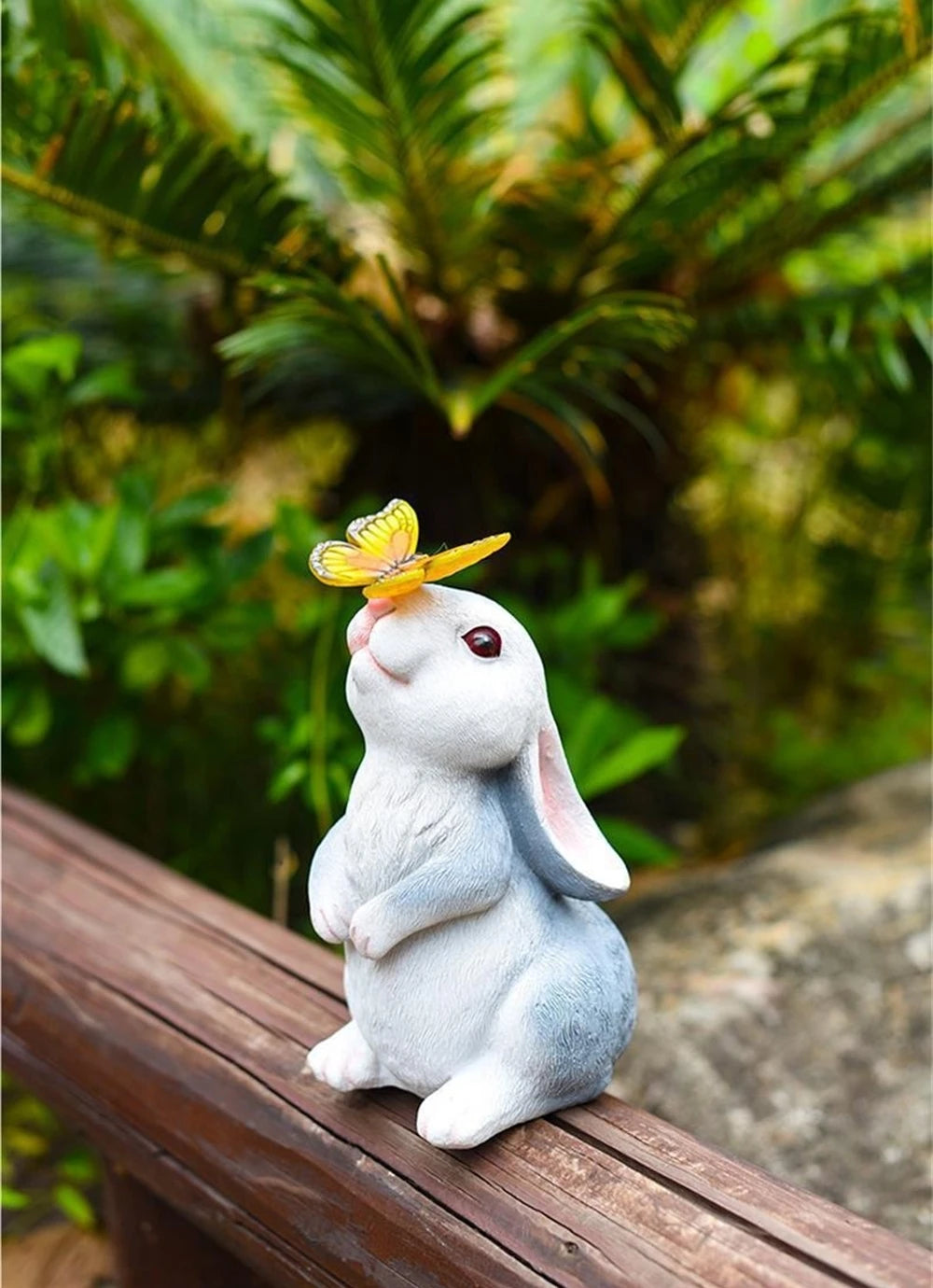Solar Bunny Statue Garden Decor with Butterfly LED Light Resin Animal Sculpture Figurine Outdoor Decoration for Garden Courtyard