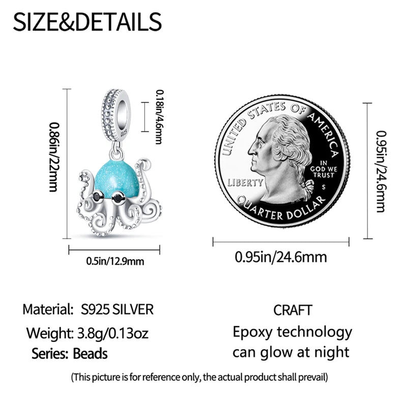 New 100% 925 Sterling Silver Ocean Luminous Sea Turtle Dolphin Octopus Charms Beads Fit Qikaola Original Bracelets DIY Jewelry