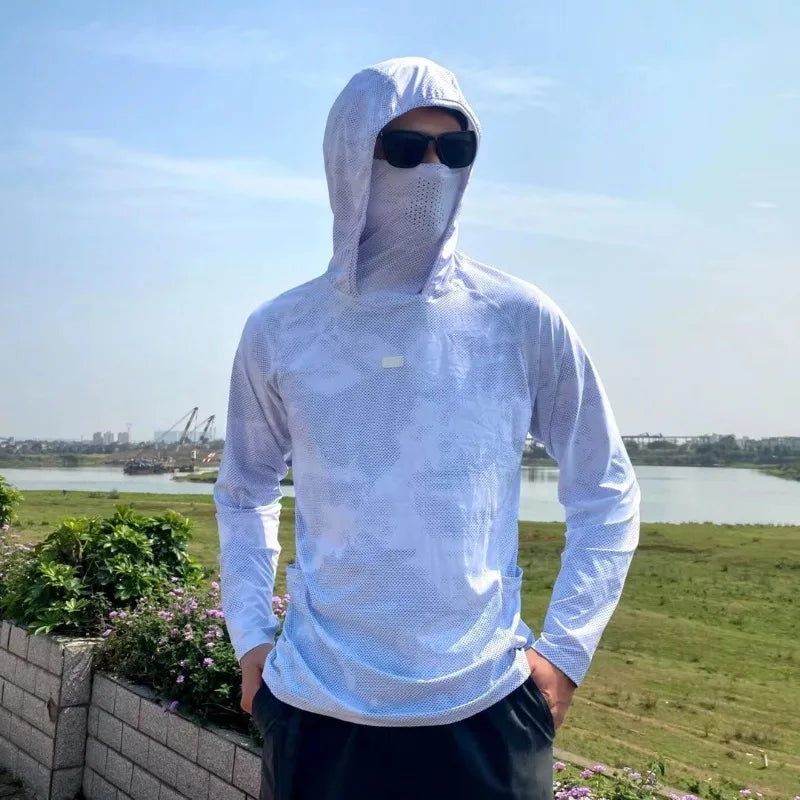 Sun Protection T-Shirts Men Fishing Hooded Outdoor Lightweight Mask Pullover Quick Drying Breathable Anti-UV Cool Sunscreen Tee